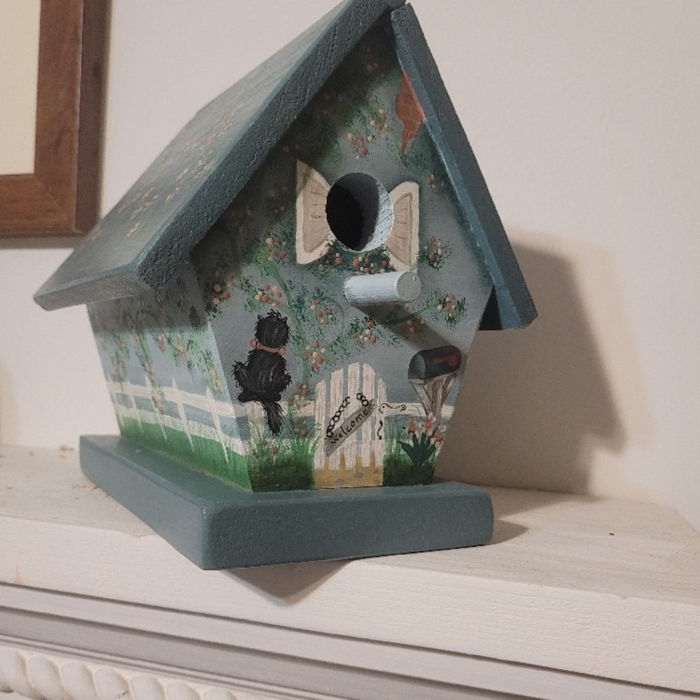 Hand-Painted Green Birdhouse for Home Office